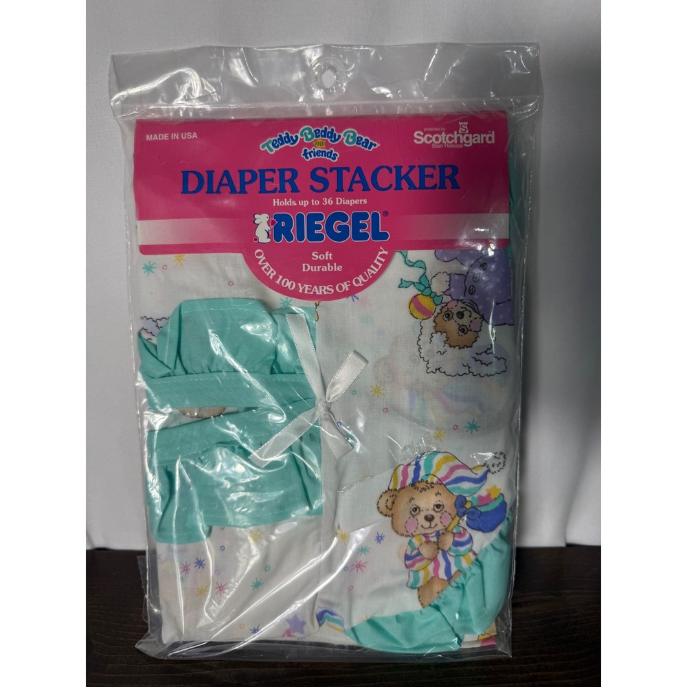 Vintage Riegel Teddy Beddy Bear Diaper Stacker Teal Ruffle Made in USA NIP